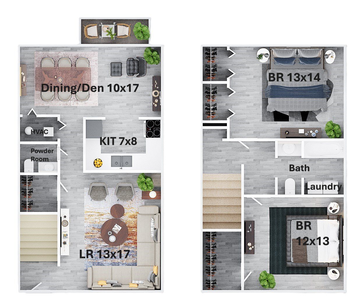 Two Bedroom 1.5 Bath Townhouse floor plan